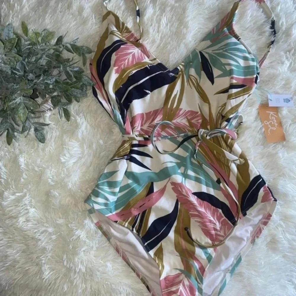 NWT Kona Sol pink one piece swimsuit leaf print